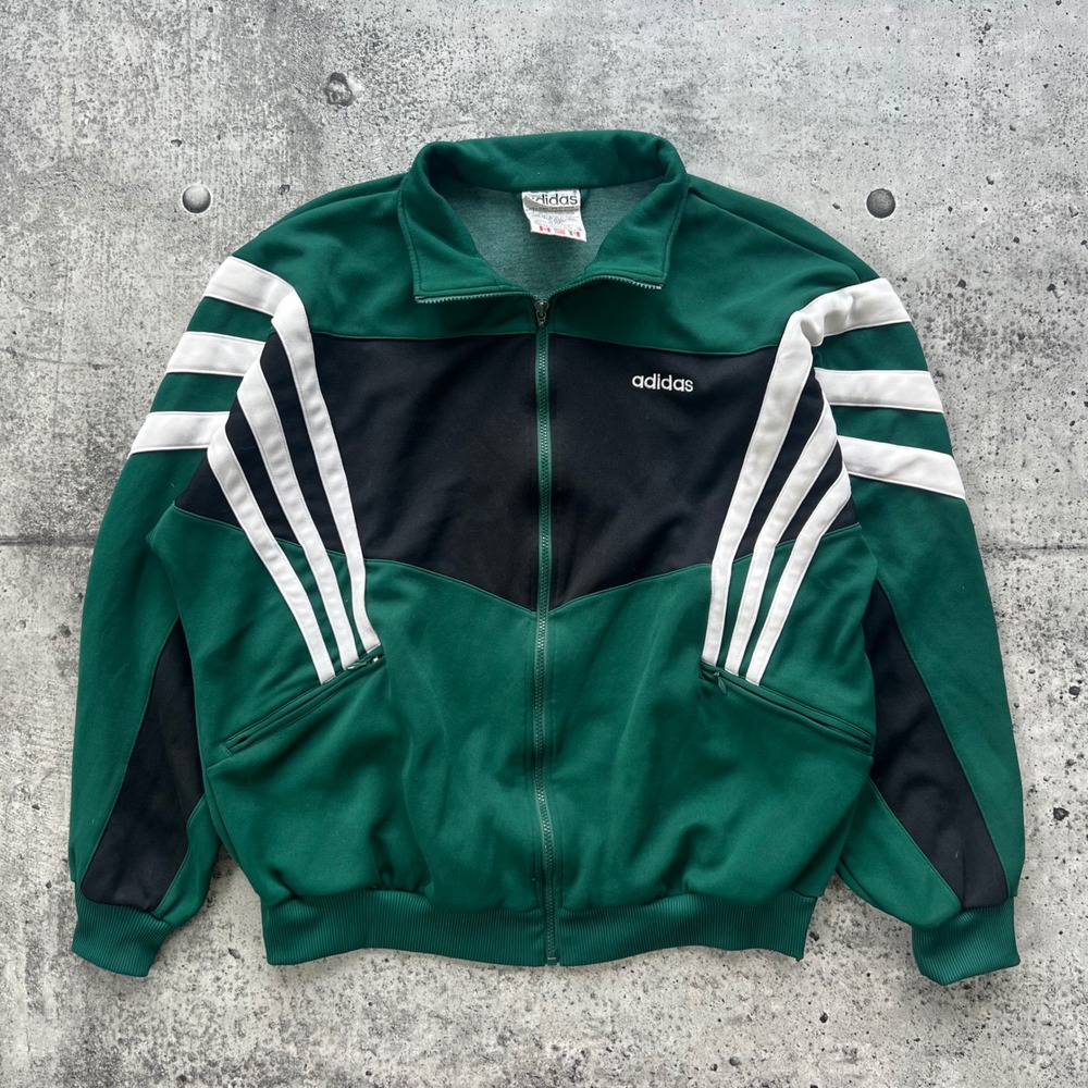 Vintage Adidas Track Jacket Mens XL Green Black Colorblock Zip Up 3 Stripe 90s